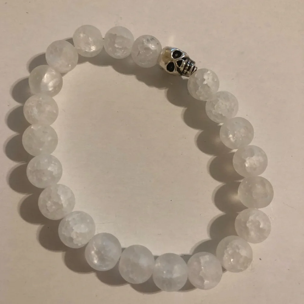 Handmade Crackled White Quartz Stretch Bracelet with Silver Skull Accent –Unisex